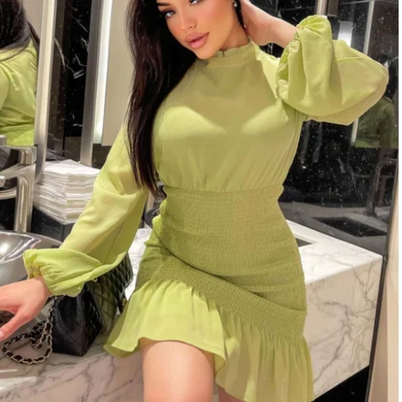 Fashion Nova | Dresses | Nwt Fashion Nova Chartreuse Kisses Smocked Mini Dress  Long Sleeve Sz Small Green | Poshmark